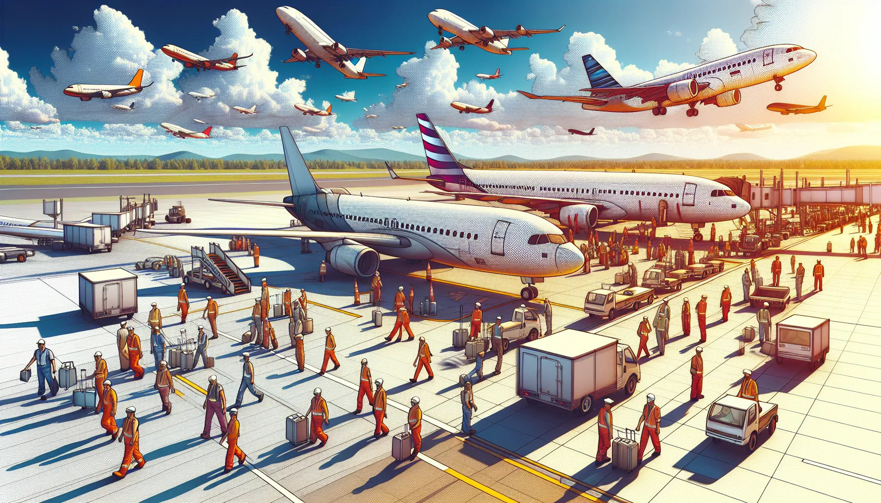 Two airliners from Airbus and Boeing parked at an airport apron on a bright day.