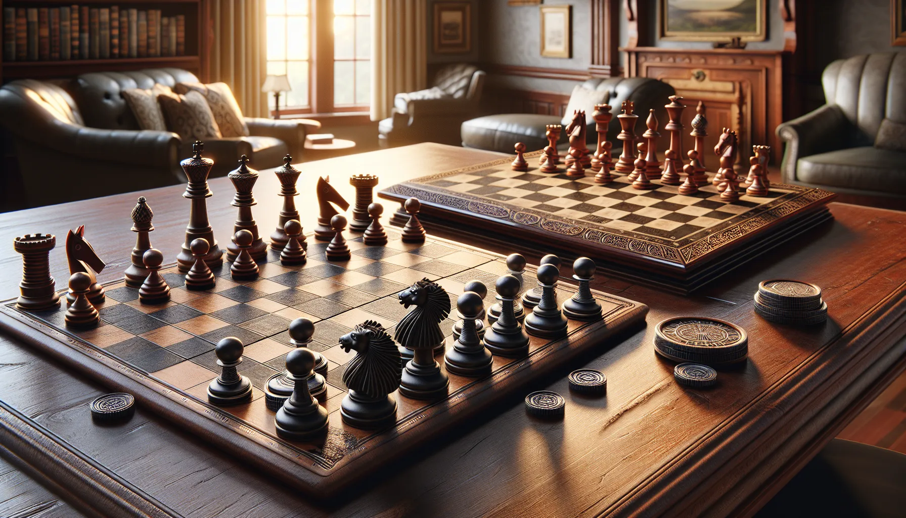 A chessboard and checkers board on a wooden table in a cozy room.