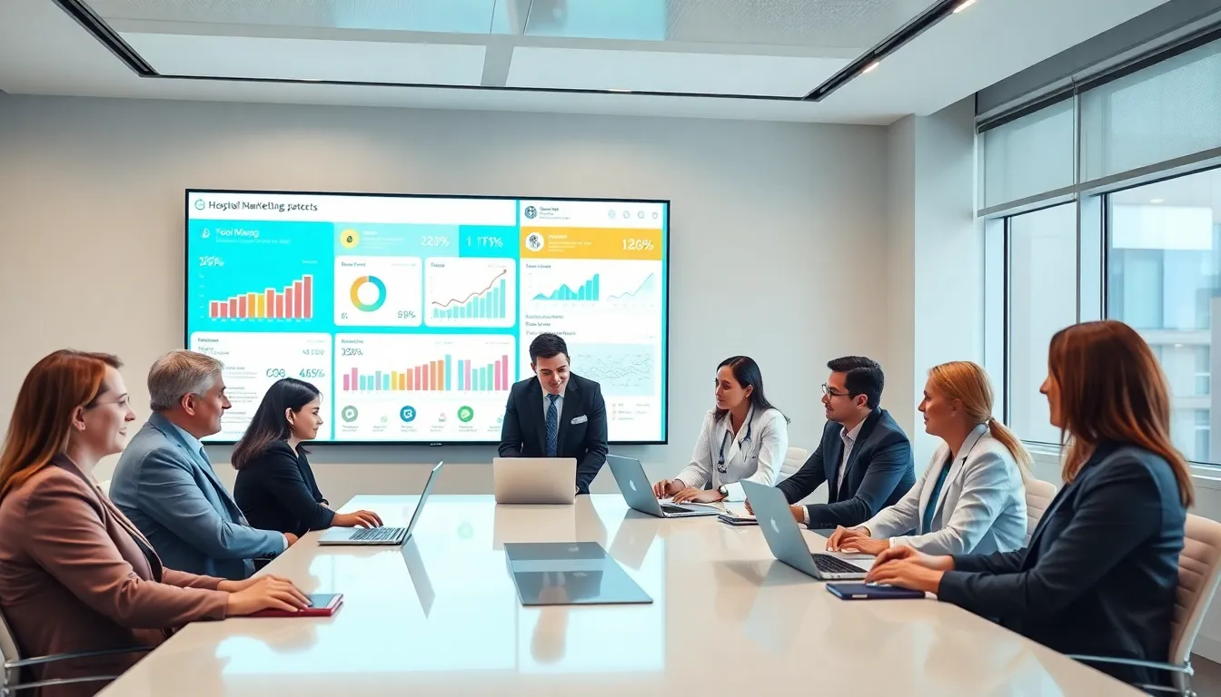 diverse healthcare marketing team strategizing in a modern conference room.