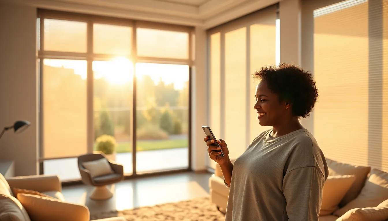 A woman using a smartphone to control smart blinds in a modern living room.
