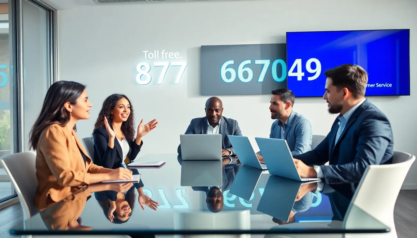 Diverse professionals discussing a toll-free number in a modern office.
