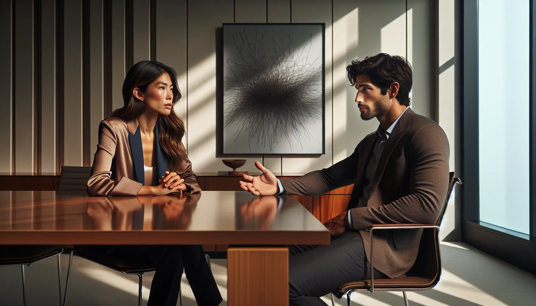 two professionals discussing themes of identity and resilience in a modern setting.