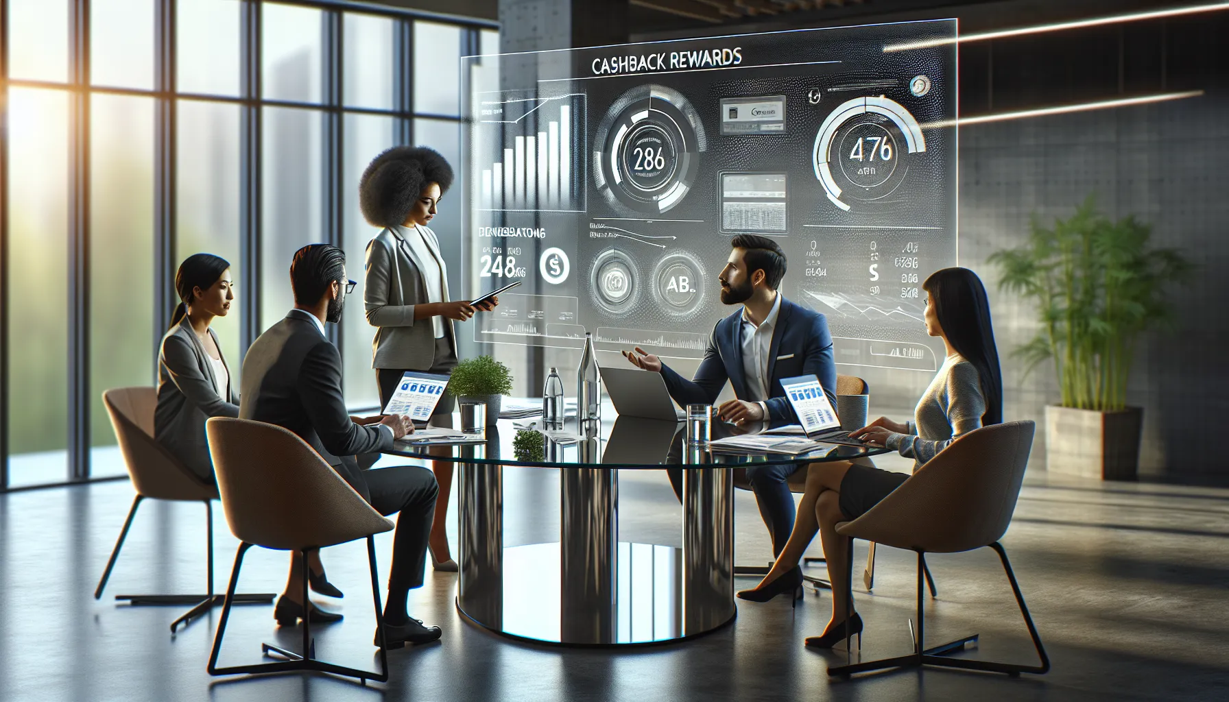 diverse professionals discussing the 123 Geldzakencard in a modern office.