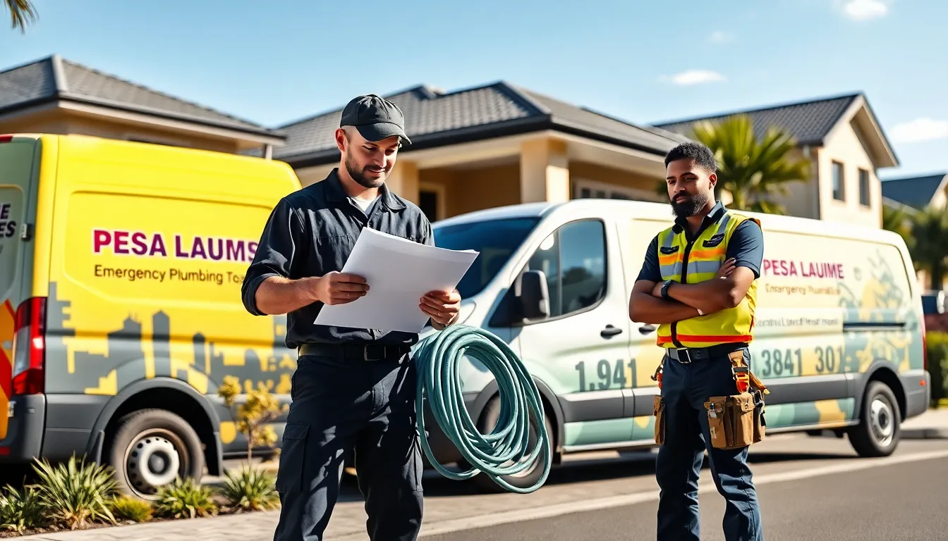 Emergency plumbers in Brisbane prepare for urgent repairs outside a city home.