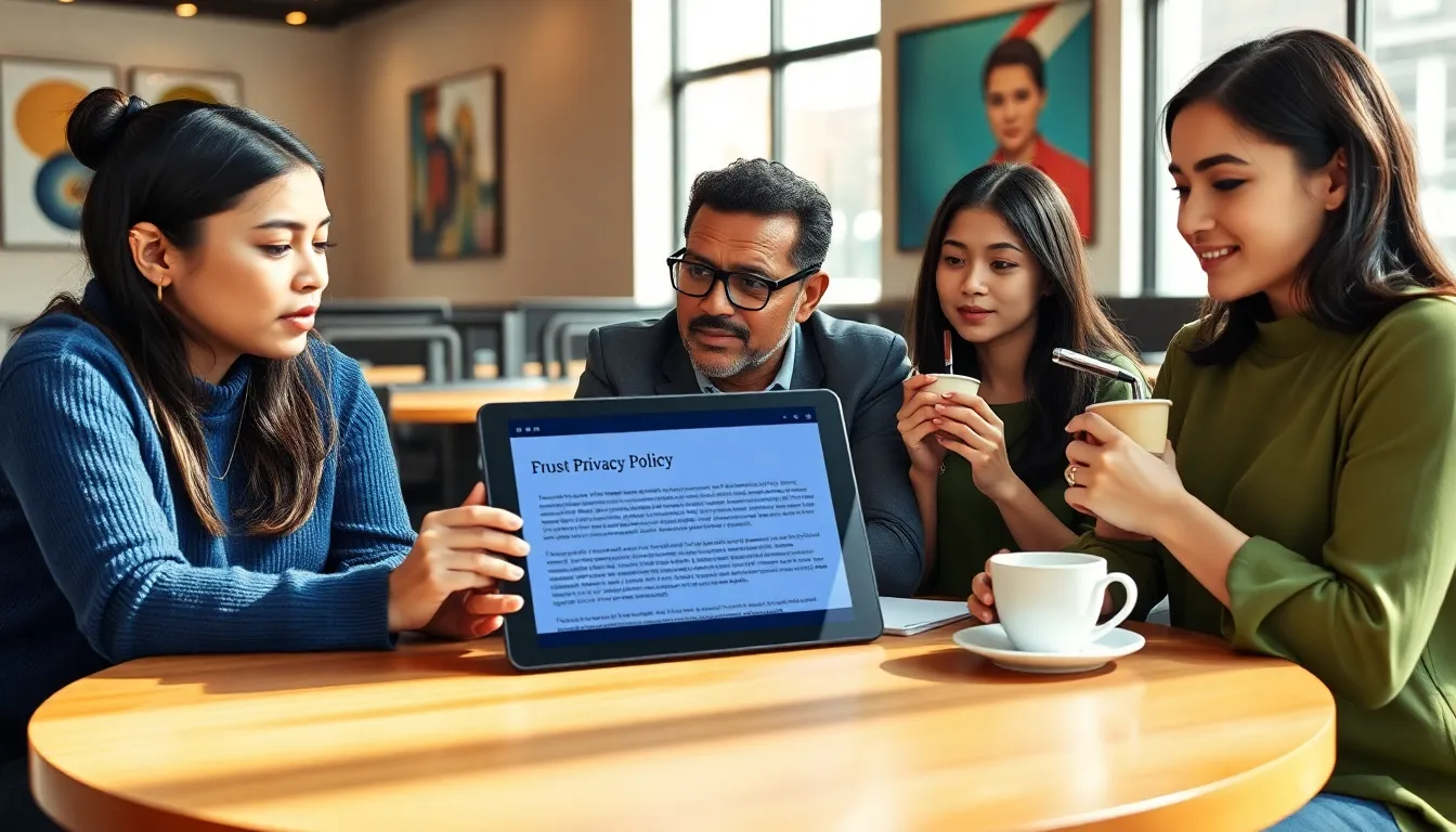 three diverse individuals discussing RedWebZine.org's privacy policy in a café.
