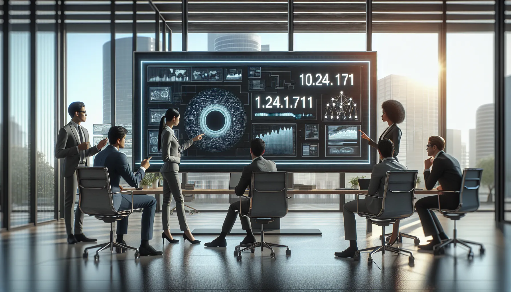 team discussing digital connectivity in a modern office.