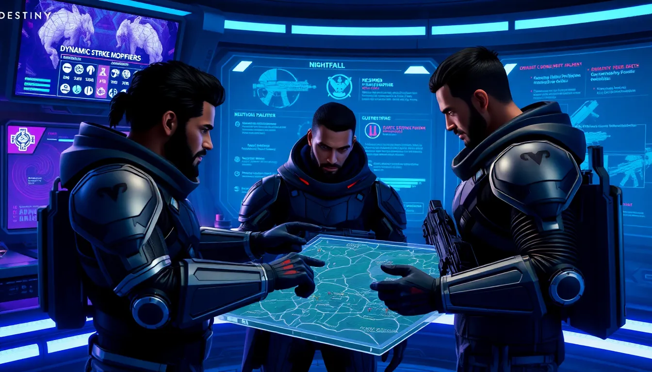 diverse Guardians strategizing in a futuristic command center for Nightfall.