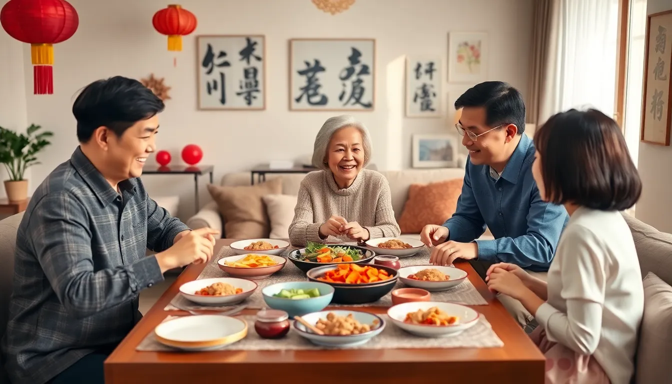 Chinese family celebrating traditions in a cozy American living room.