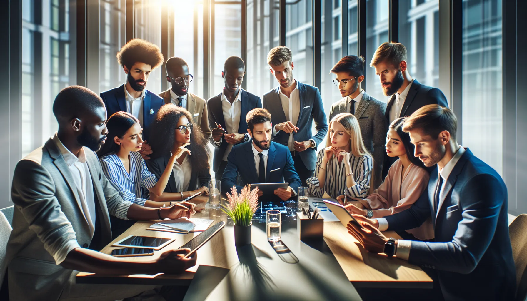diverse team discussing Удзеы in a modern office setting.