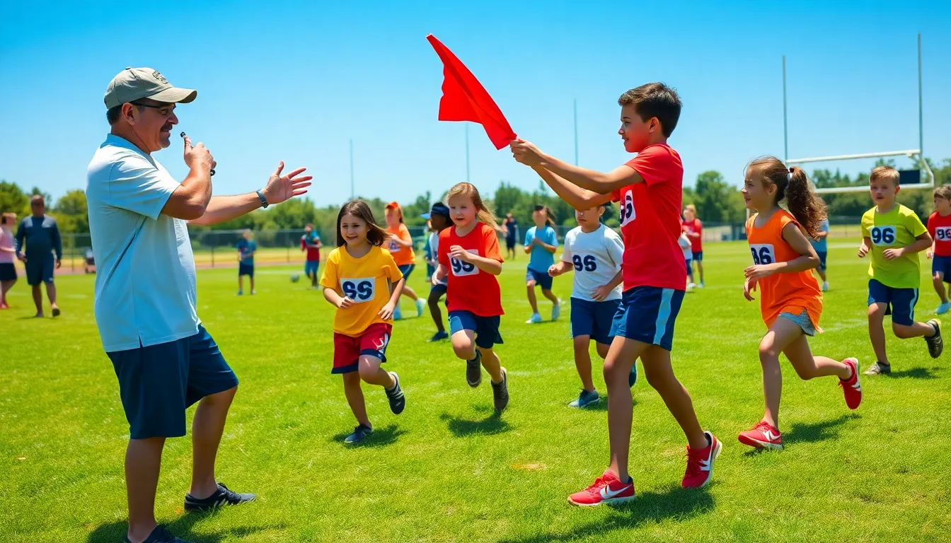 children practicing flag football at a summer camp.