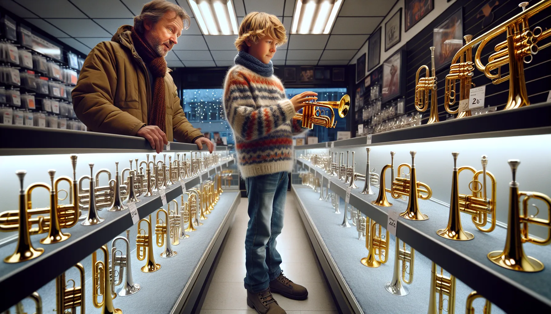 Norwegian boy choosing a beginner bb trumpet and medium 7c mouthpiece in a shop.