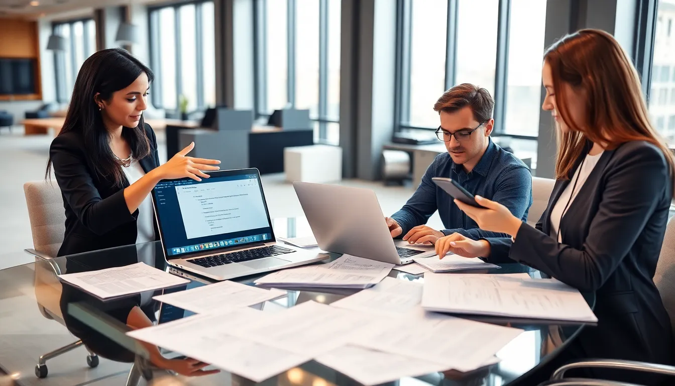 diverse professionals troubleshooting software issues in a modern office.
