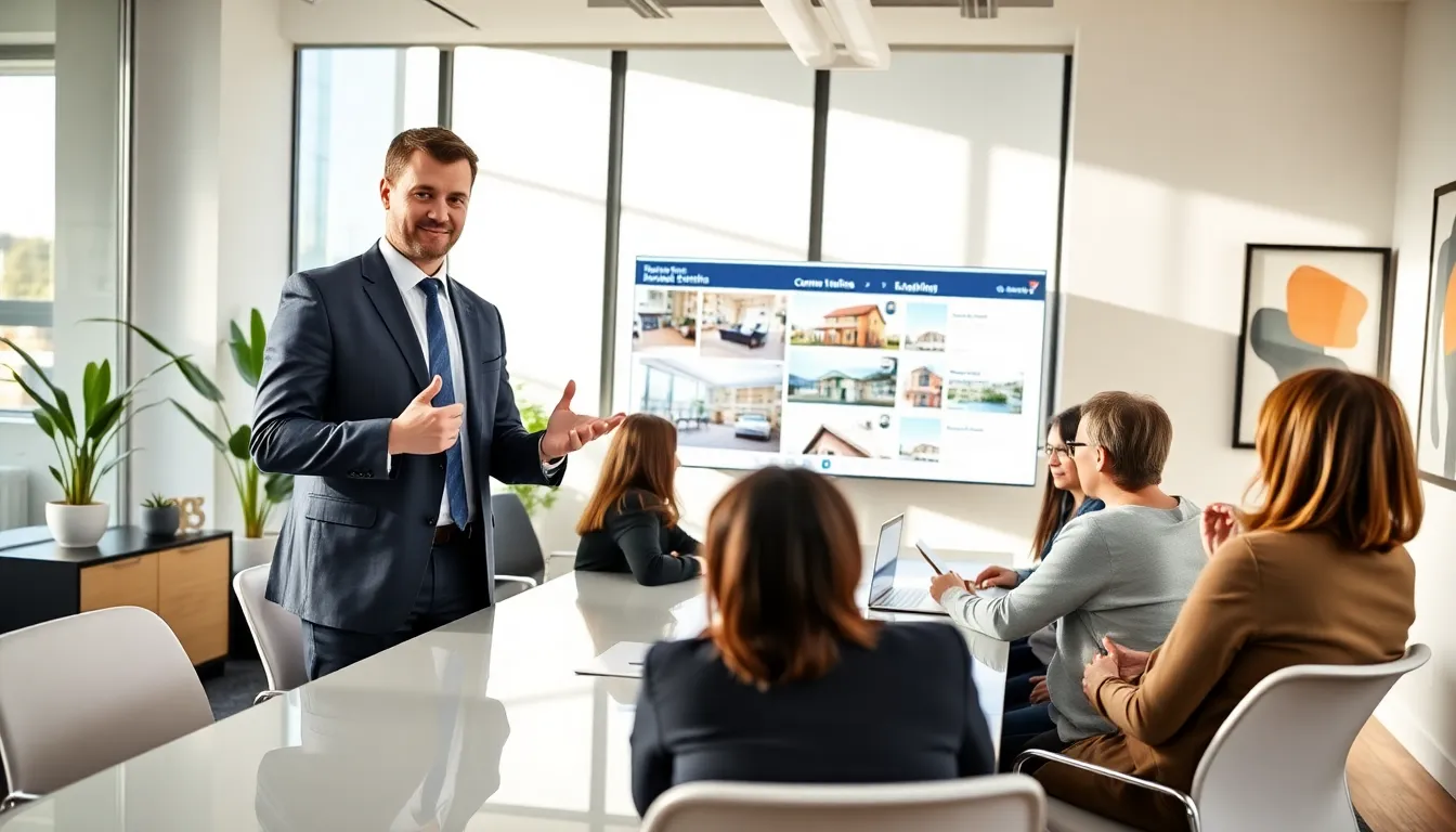 Timothy Homerocketrealty presenting in a modern office with diverse clients.