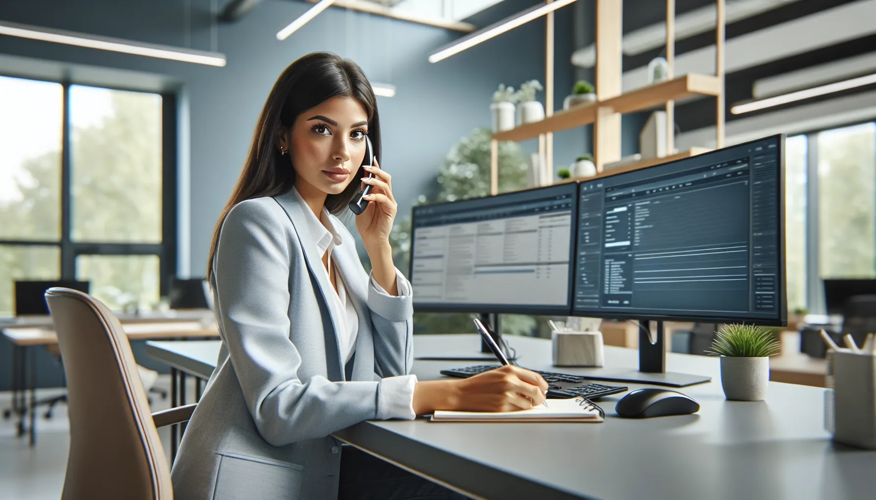 professional on a phone call in a modern office setting.