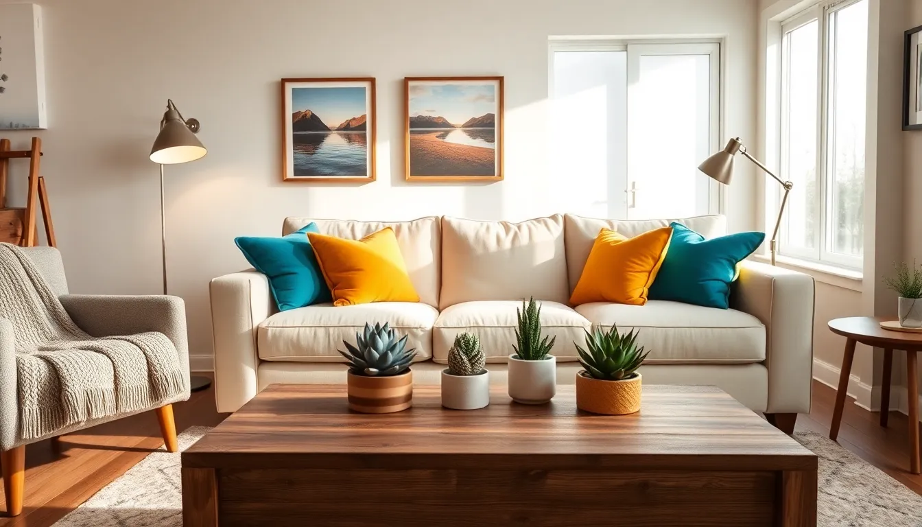 a cozy living room with stylish furniture and vibrant accents.