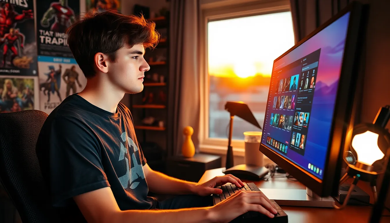 a young man using the Ck2Generator on his computer in a cozy gaming room.