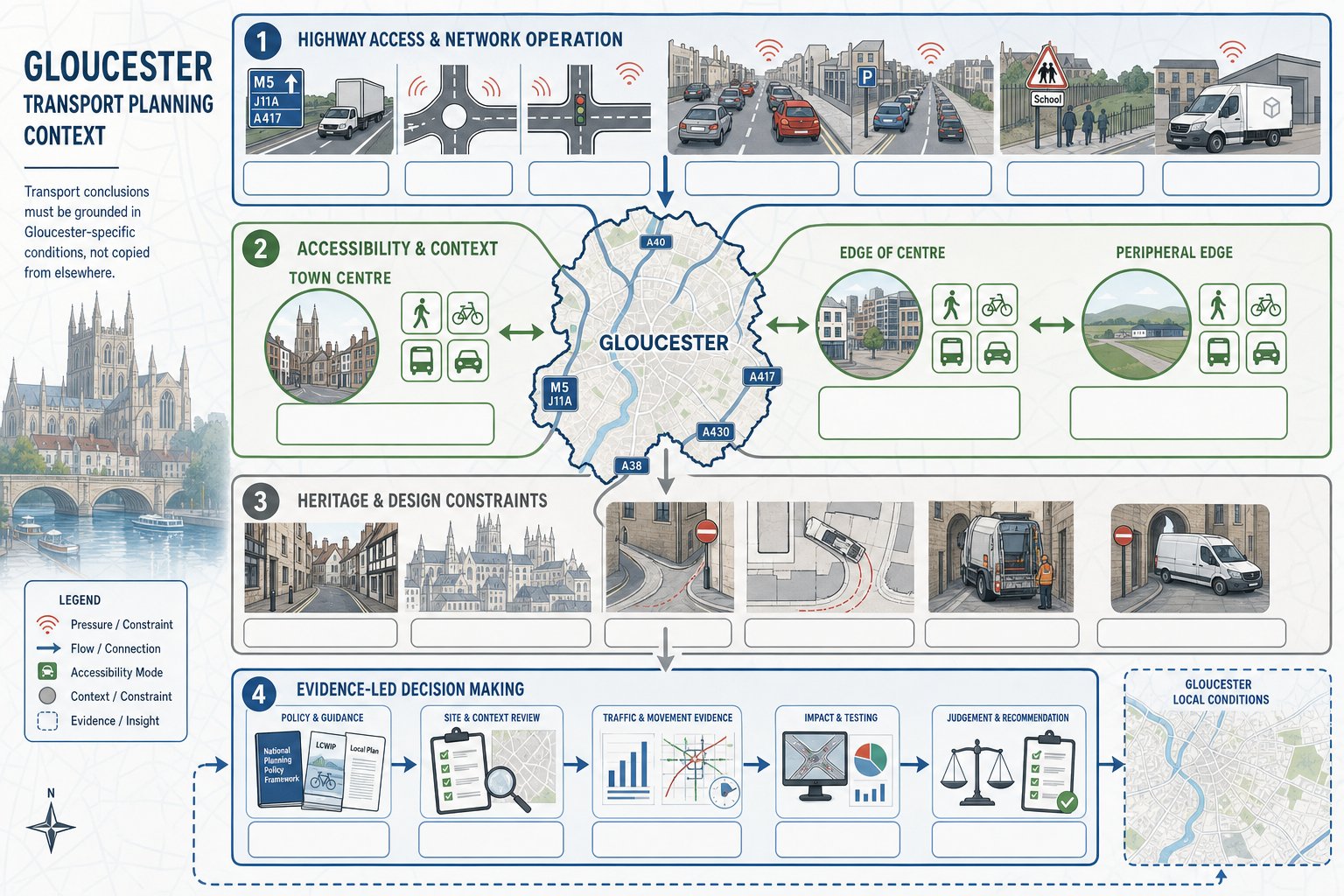 Infographic showing Gloucester transport planning factors affecting development access and evidence.