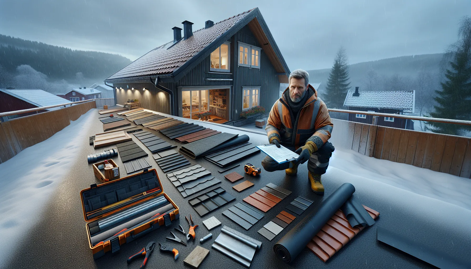 Norwegian roofer comparing roofing samples beside a house in winter drizzle.