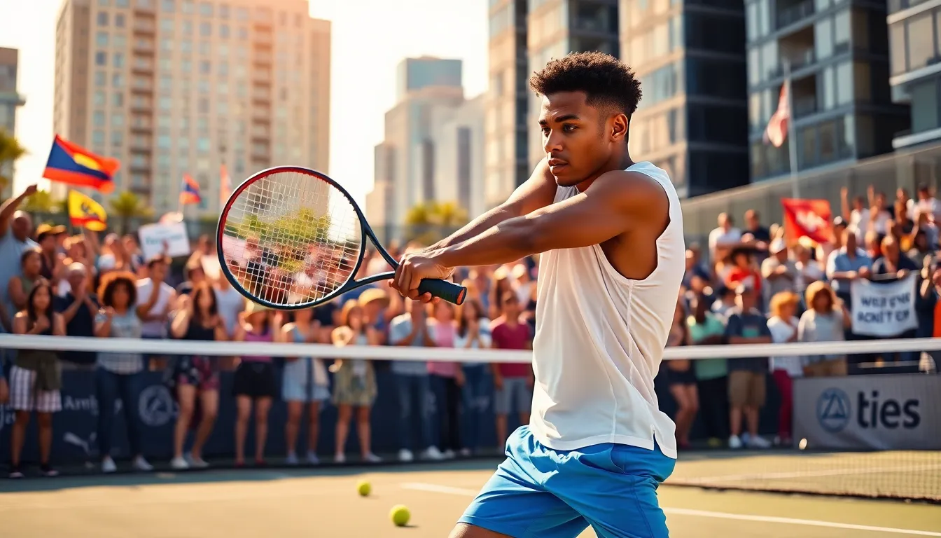 A young male tennis player hitting a forehand shot on a sunny outdoor court.