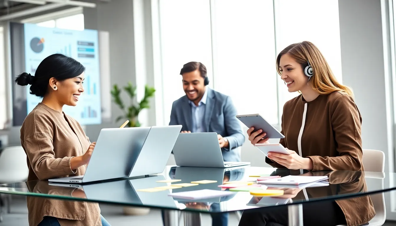 diverse team collaborating on customer support efforts in a modern office.