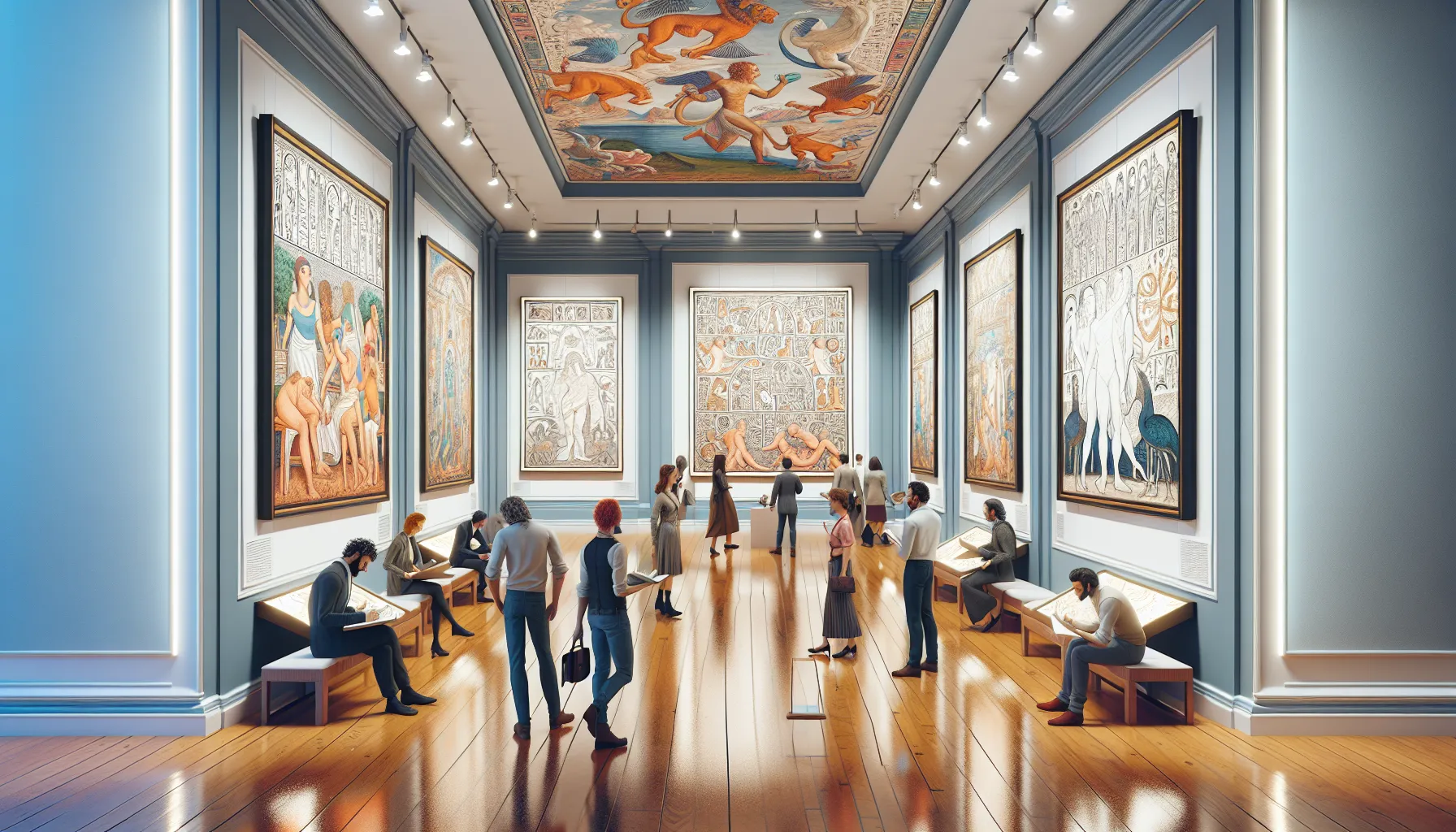 art enthusiasts exploring outline art in a modern gallery.