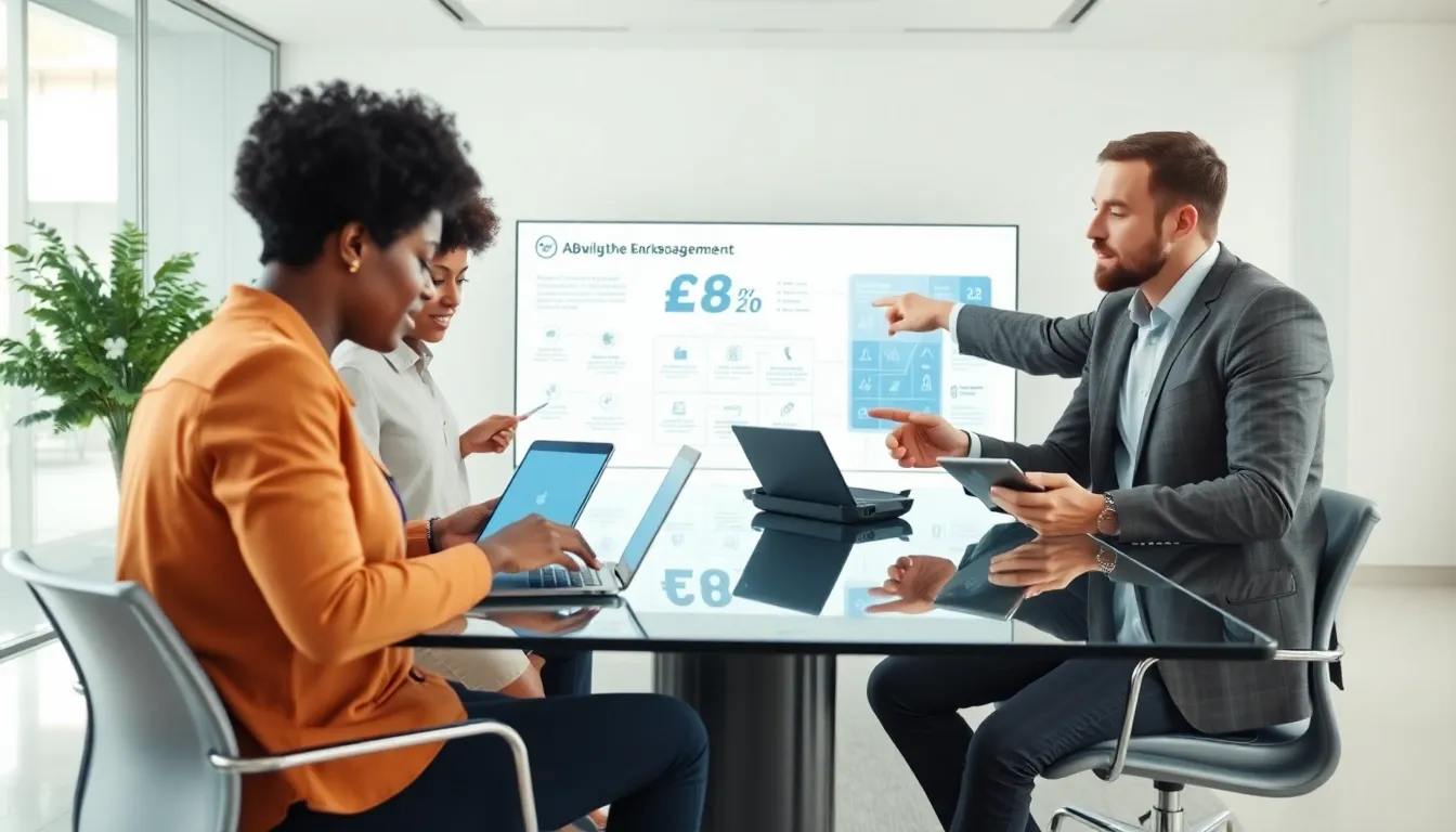 diverse team discussing a technological concept in a modern office.