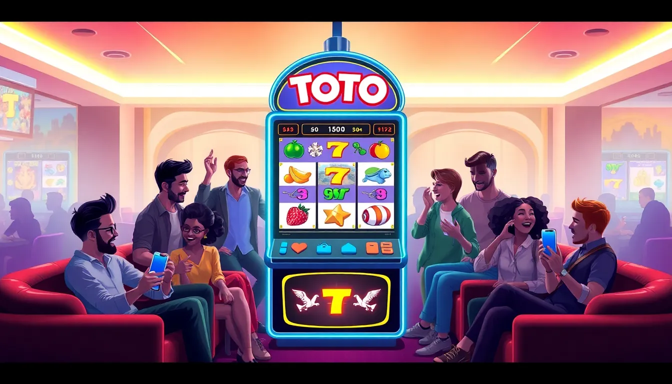 diverse group of players enjoying Toto slots in a modern gaming lounge.