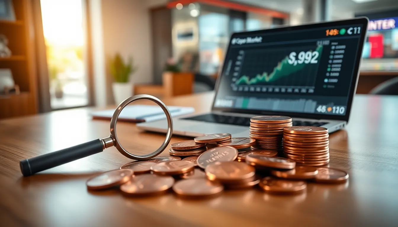 copper pennies and a laptop illustrating their market value.