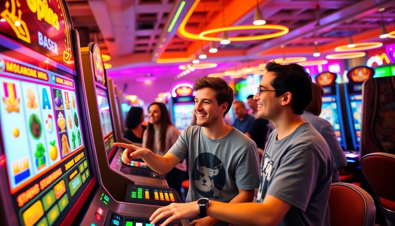 young adults enjoying a gamified online slot game in a lively arcade.