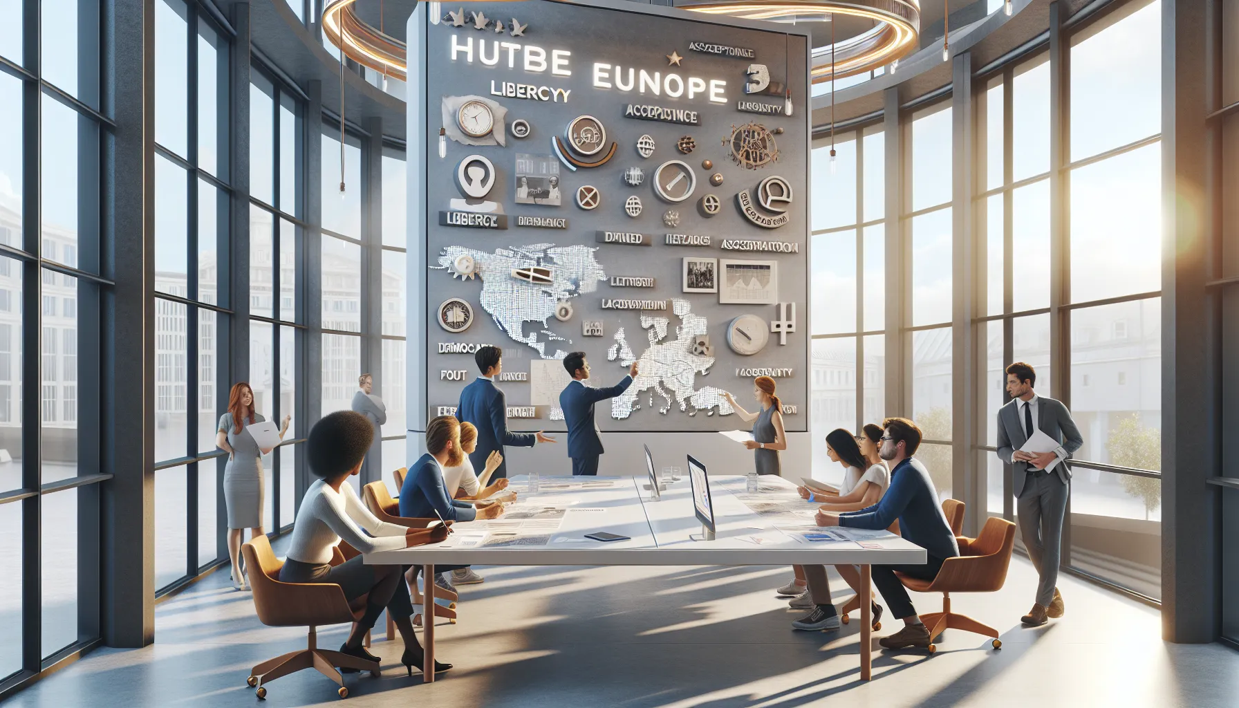 diverse professionals discussing the impact of November 9 events in an office.