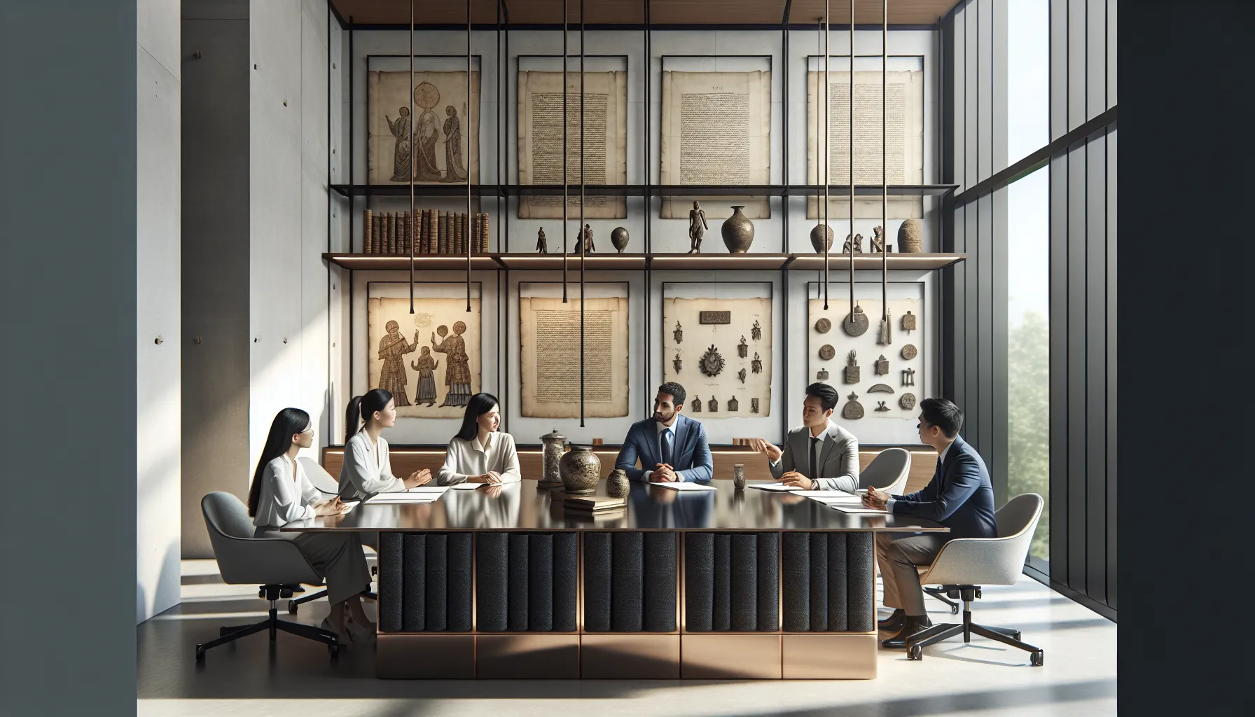 diverse professionals discussing historical context in a modern library.