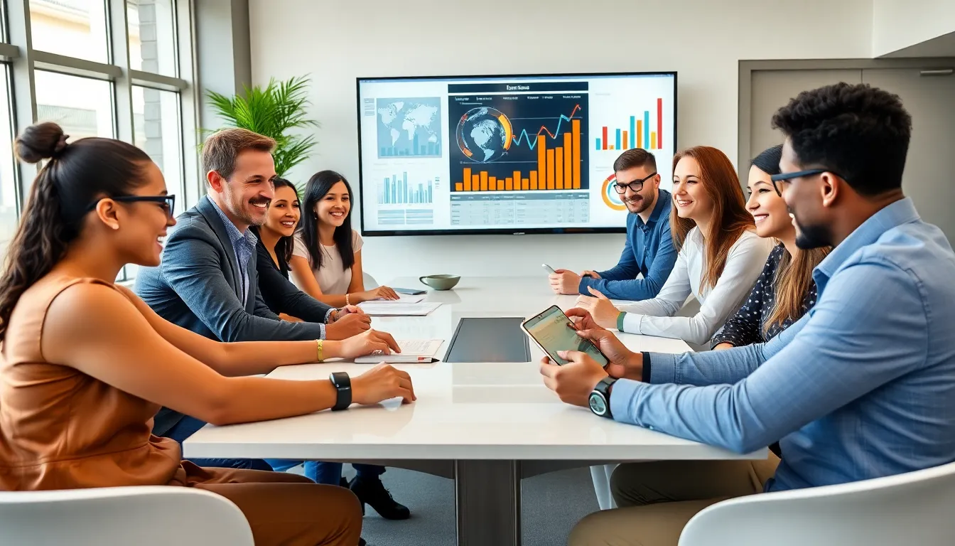 group discussing visible wearables in a modern office.