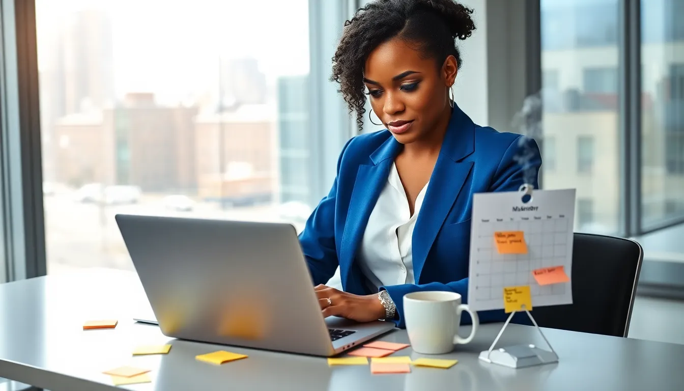 A focused woman drafting an email marketing campaign in a modern office.