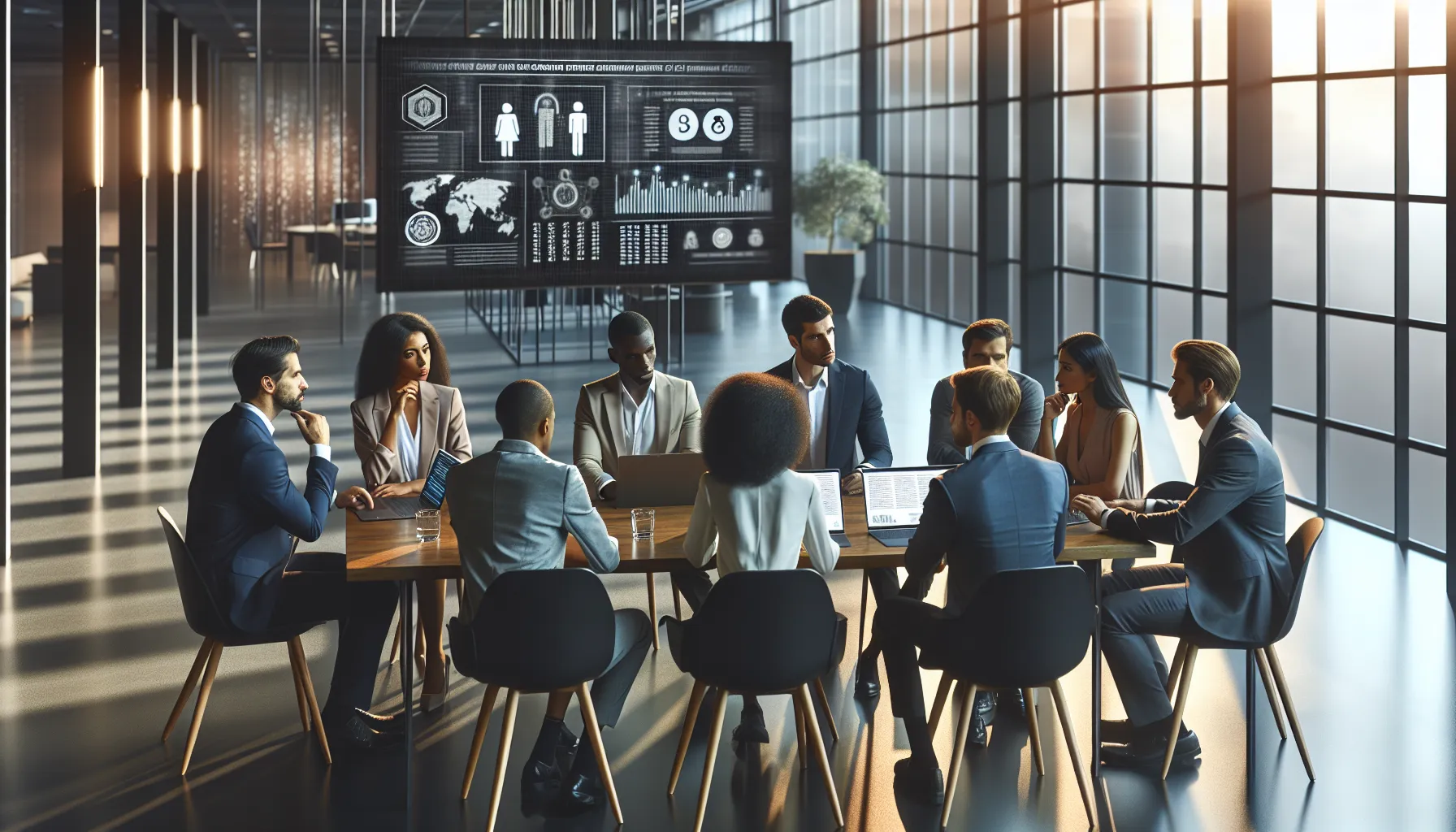 professionals discussing digital security in a modern office setting.