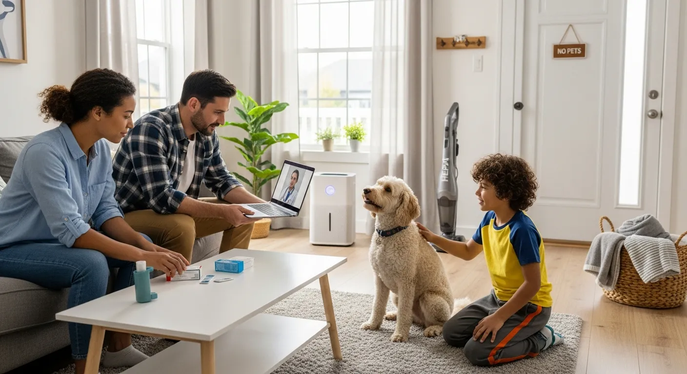 Family in living room discussing allergies while meeting a curly hypoallergenic dog.