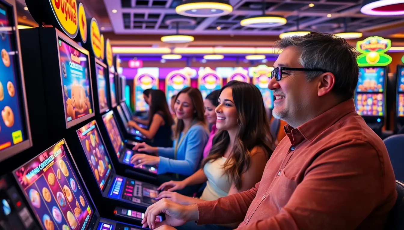 diverse players enjoying Dadunation Slot Cookiesforlove games in a vibrant arcade.