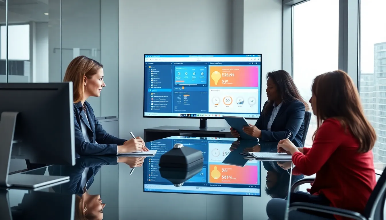 diverse professionals collaborating with Hlzuine28.6 software in a modern office.