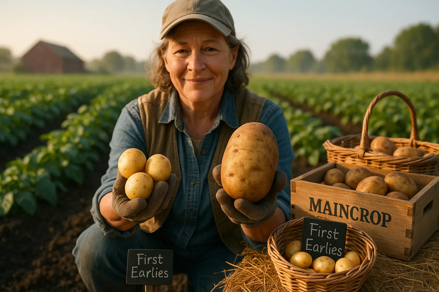 Farmer holding a small new potato and a large maincrop potato side by side.