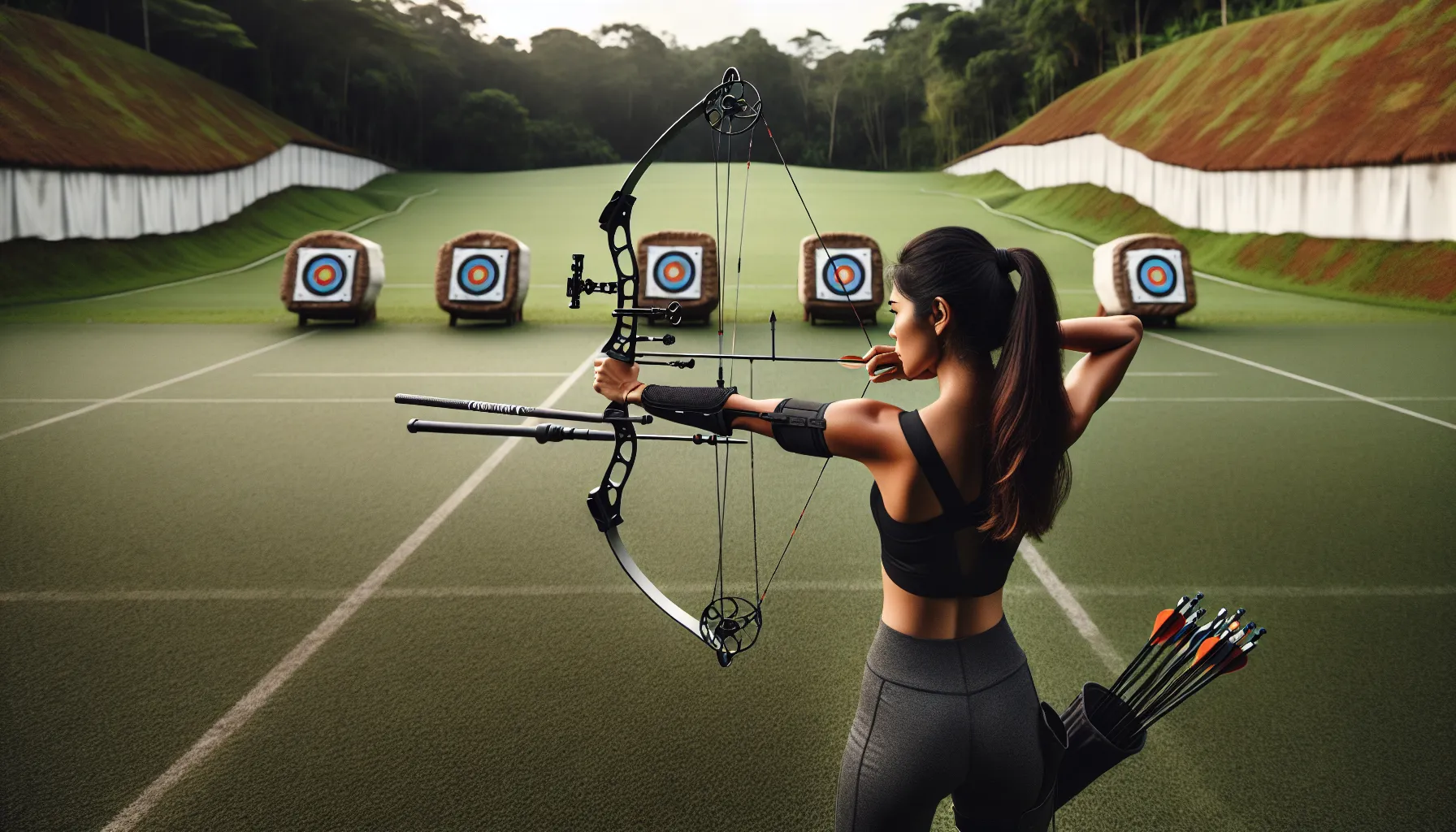 An archer aiming at a target in an outdoor archery range.