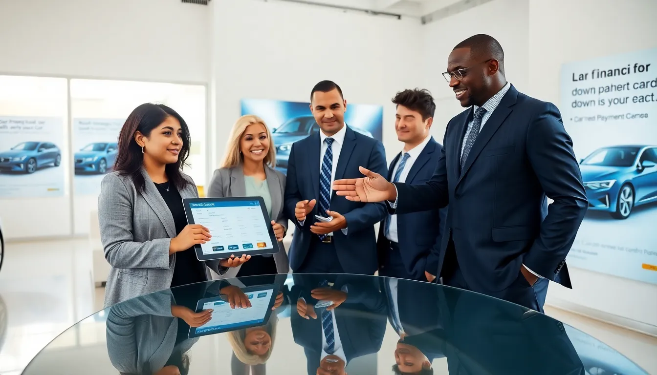 diverse professionals discussing car financing options in a dealership.