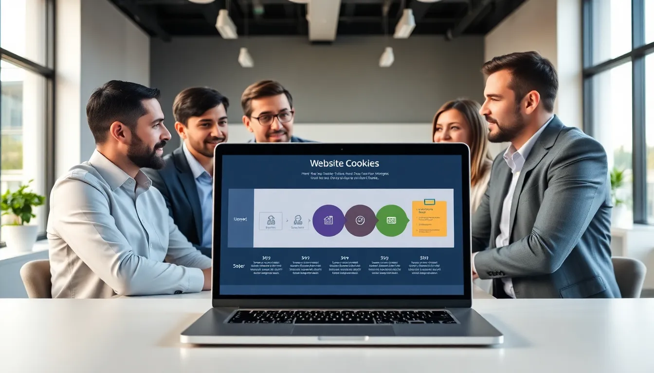professionals discussing website cookies in a modern office setting.