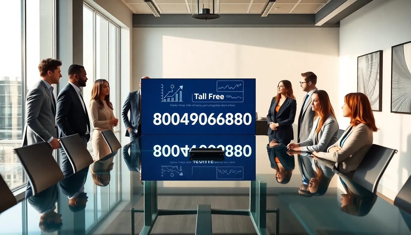 diverse professionals discussing toll-free number in a modern office.