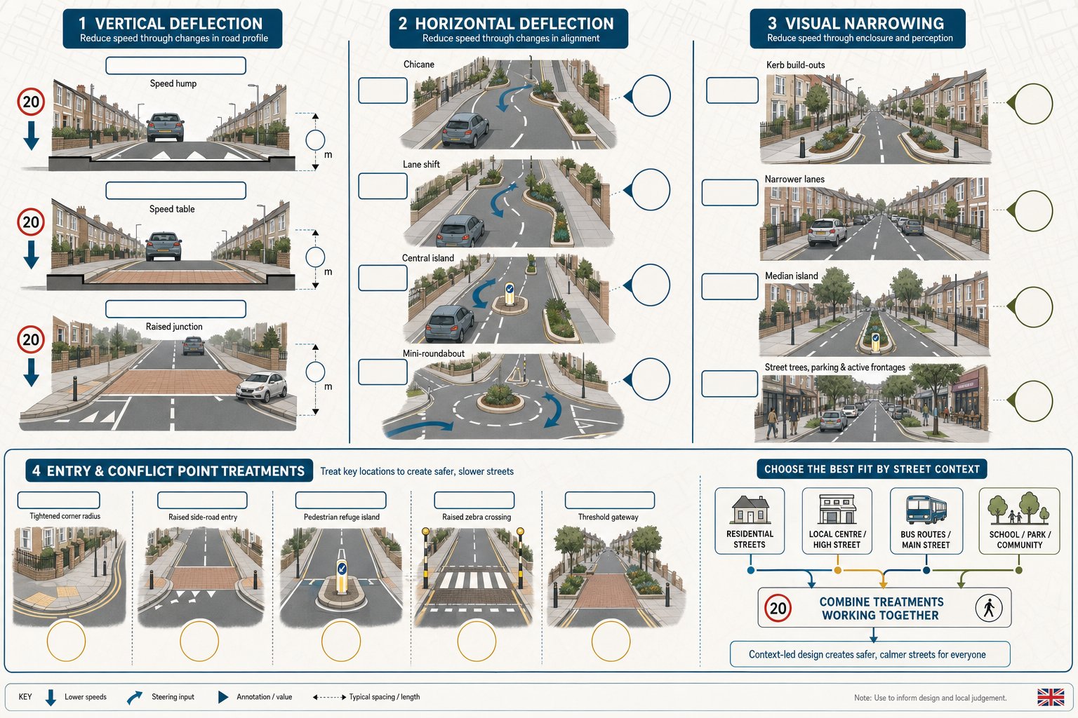 UK infographic comparing traffic calming measures for streets, junctions, crossings and gateways.