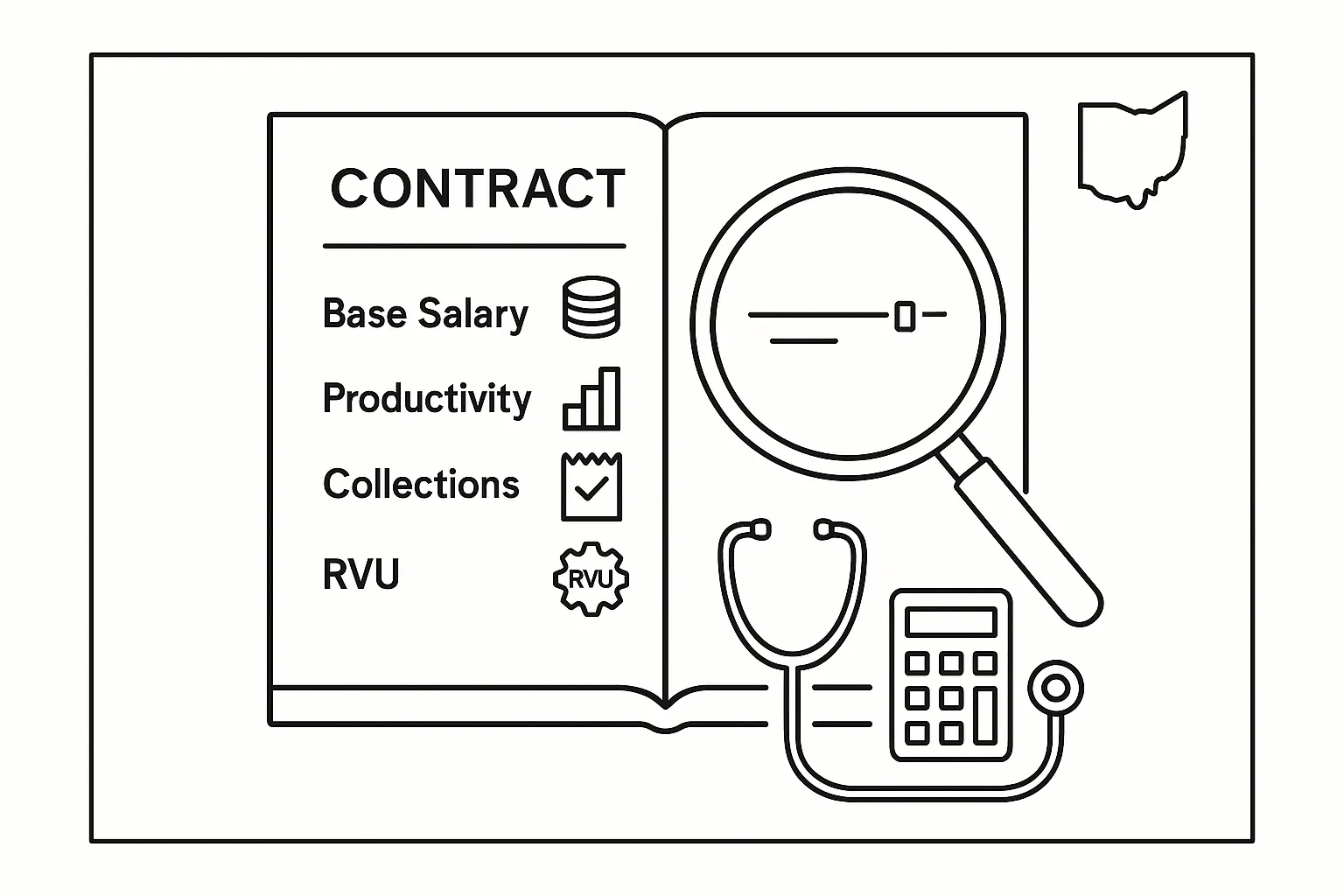 Line art of a contract with magnifying glass, calculator, stethoscope, and Ohio outline.