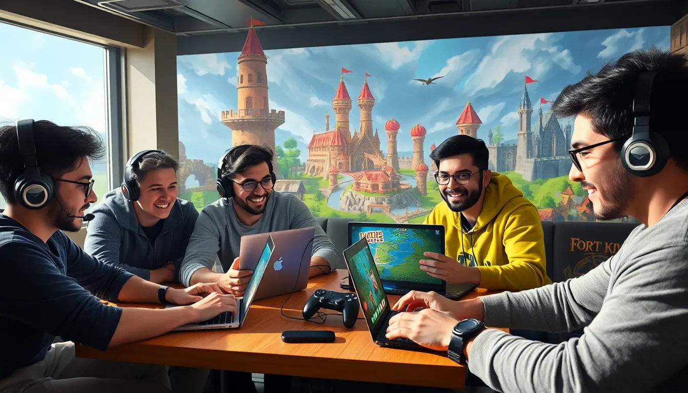 diverse gamers enjoying Fort Knight in a vibrant gaming lounge.