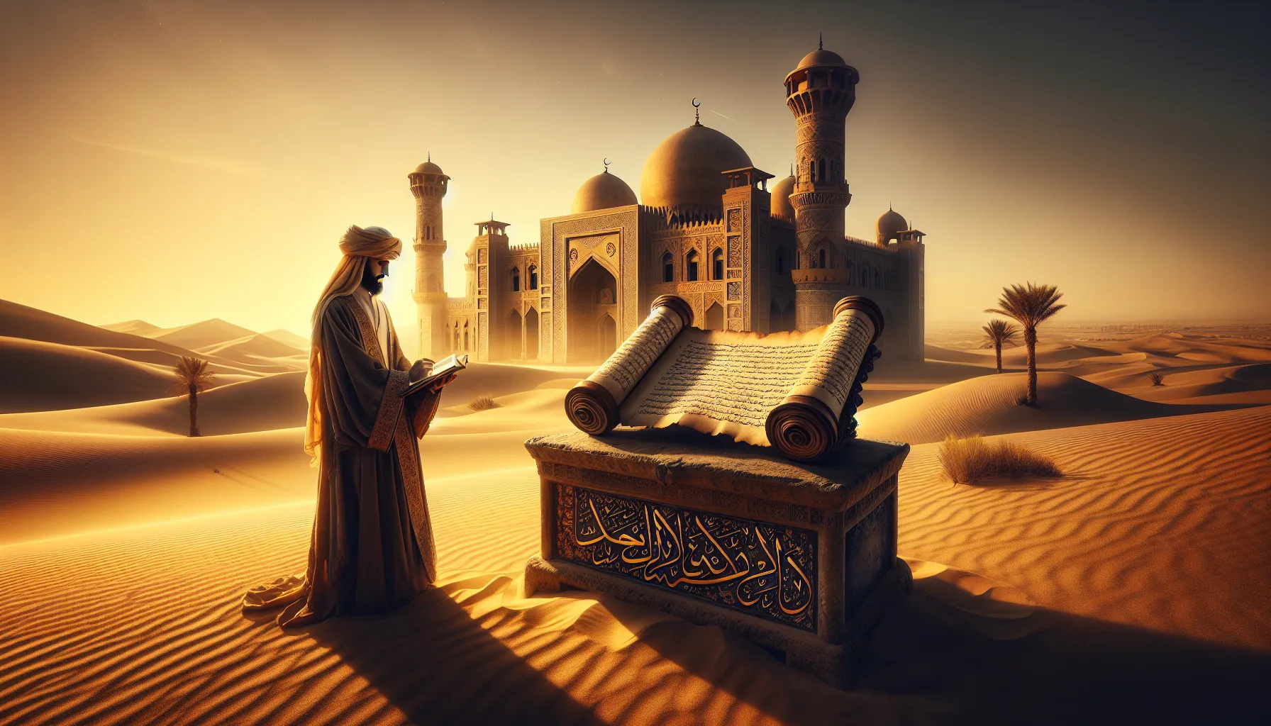 An individual studies an ancient scroll in a desert setting with historical architecture.