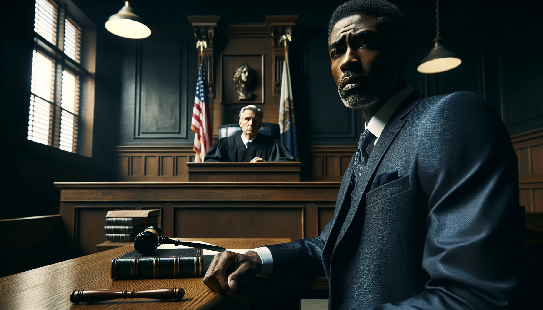 a worried man in a courtroom facing misdemeanor charges with a judge presiding.