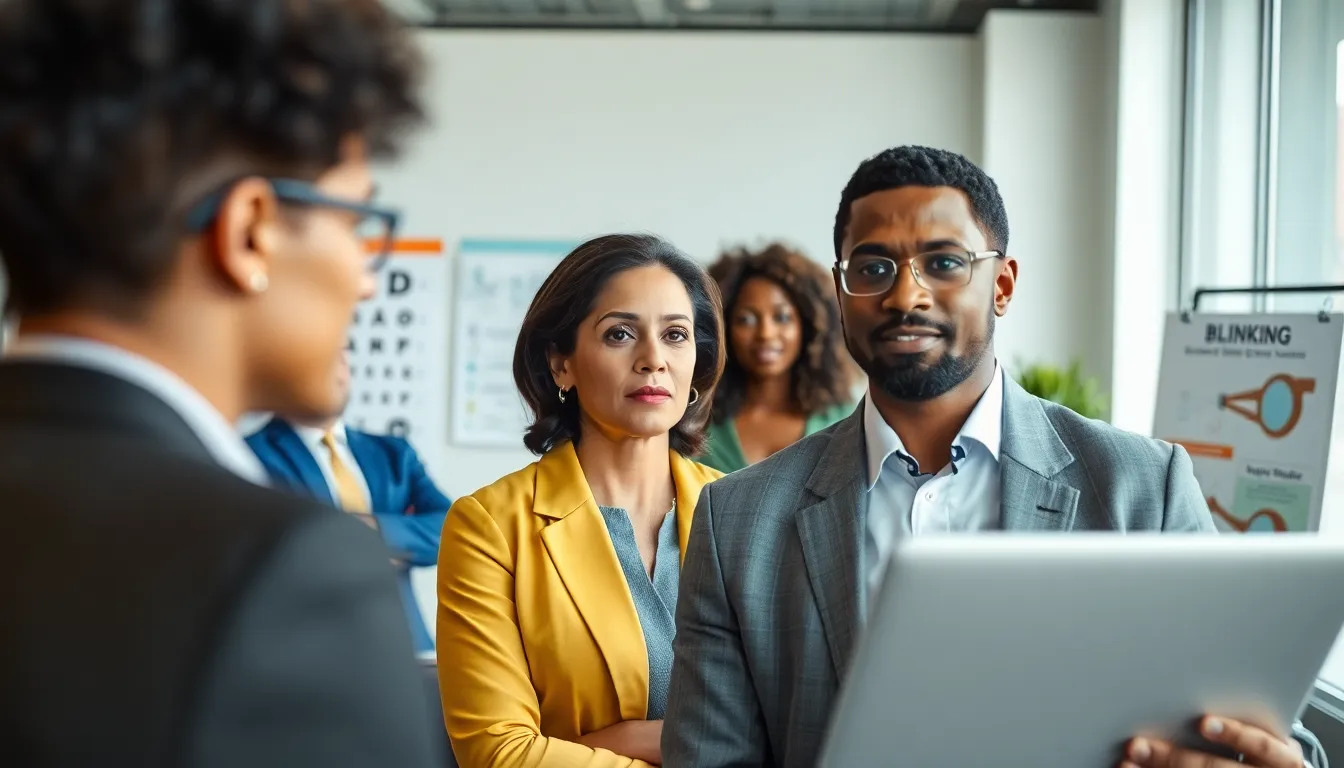 diverse team in a workshop focused on eye health and blinking habits.
