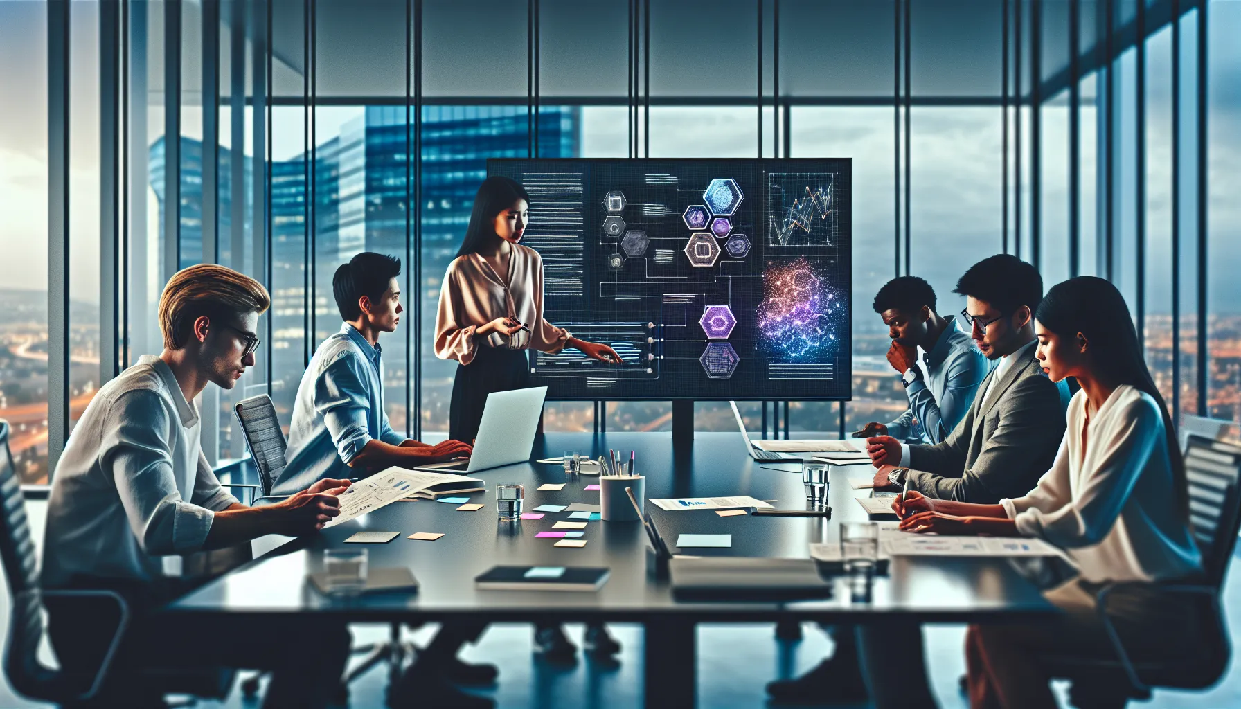 Team collaborating on crypto whitepaper template in modern office with digital documents and blockchain diagrams.