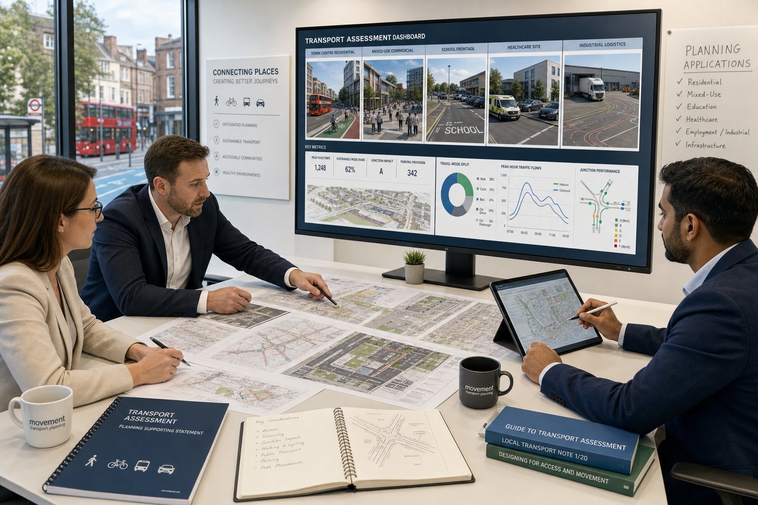 Transport planning consultants reviewing UK development site plans in a modern office.